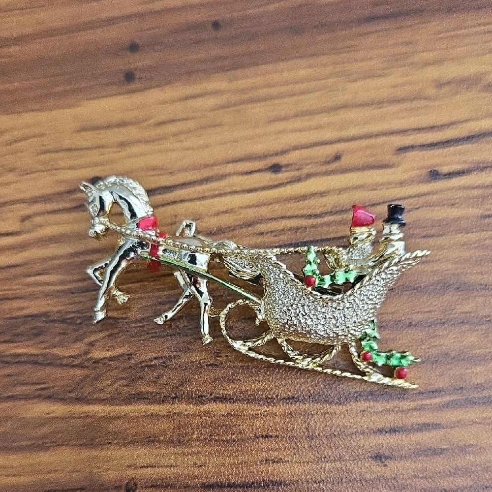 Vtg Gerry's Gold & Red Sleigh Brooch - Christmas Flare